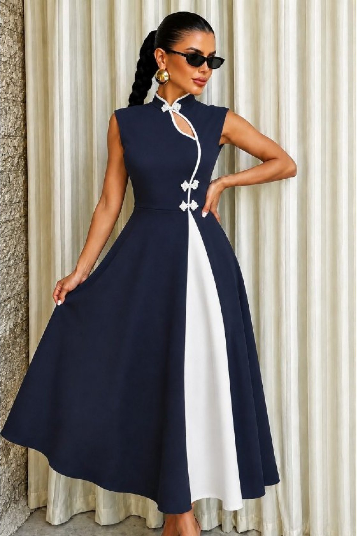 Women's Sleeveless, Stand-Up Collar, Teardrop Detail, Gentle Button Long Crepe Dress