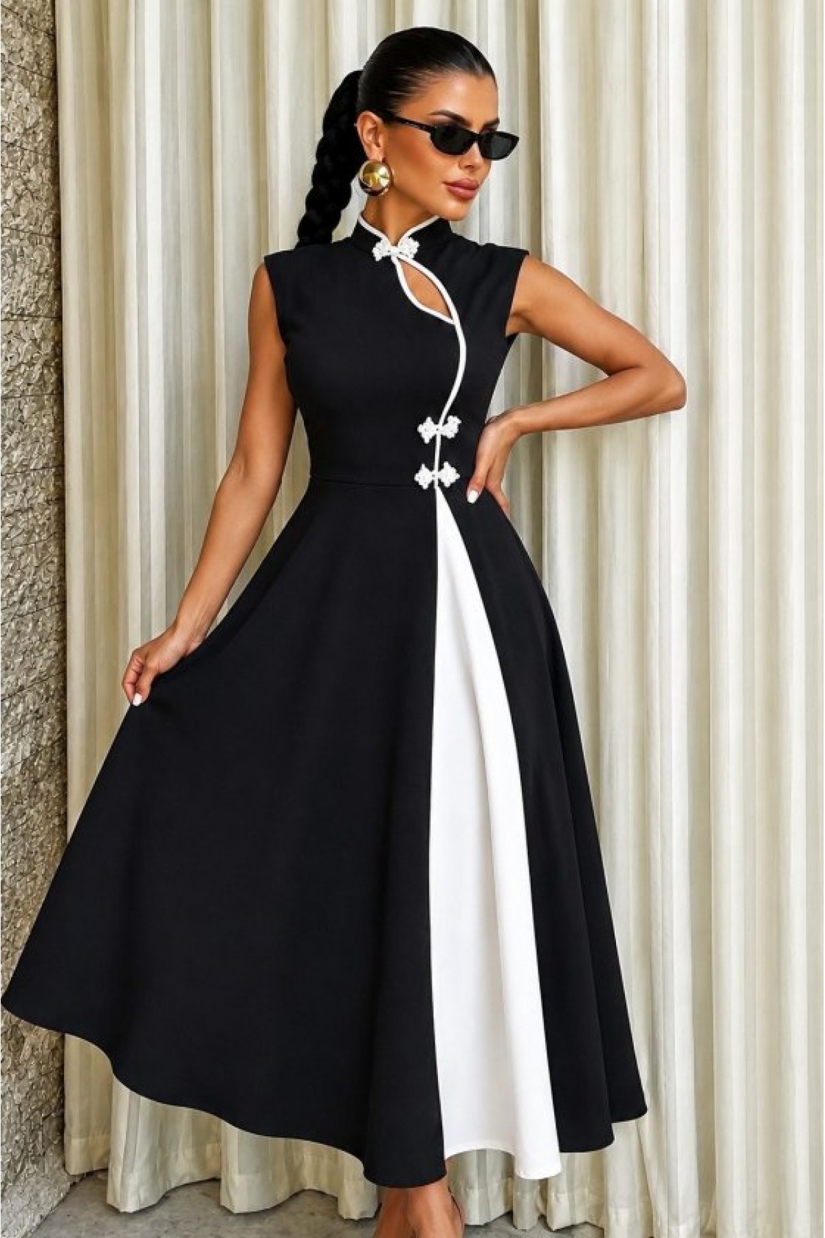 Women's Sleeveless, Stand-Up Collar, Teardrop Detail, Gentle Button Long Crepe Dress