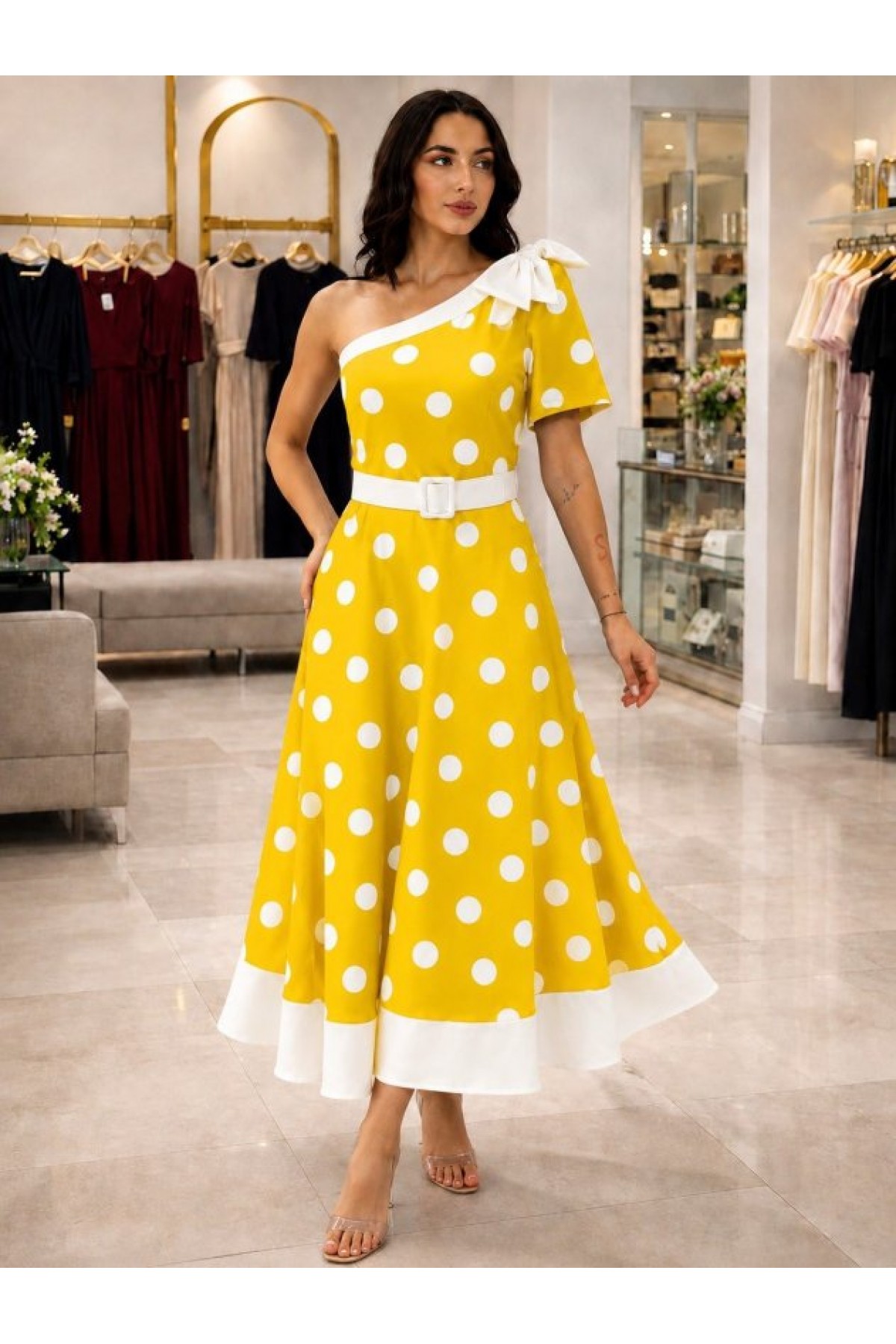 Women's One-Shoulder Off-Shoulder Polka Dot Woven Midi Dress with Ribbon Detail and Belt on the Other Shoulder