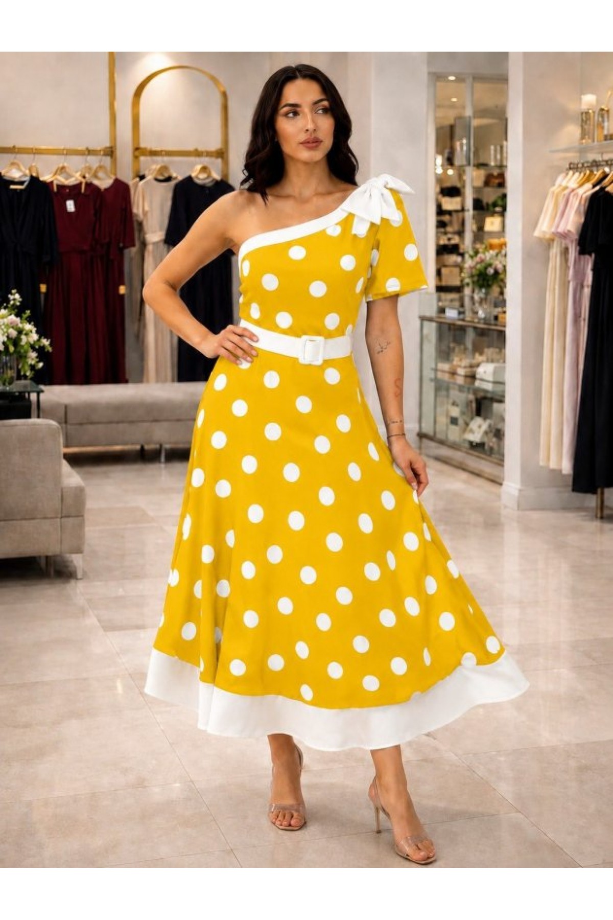Women's One-Shoulder Off-Shoulder Polka Dot Woven Midi Dress with Ribbon Detail and Belt on the Other Shoulder