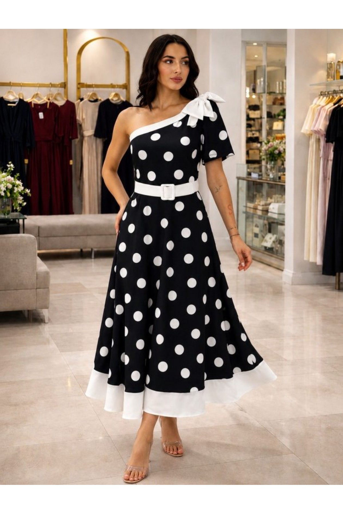 Women's One-Shoulder Off-Shoulder Polka Dot Woven Midi Dress with Ribbon Detail and Belt on the Other Shoulder
