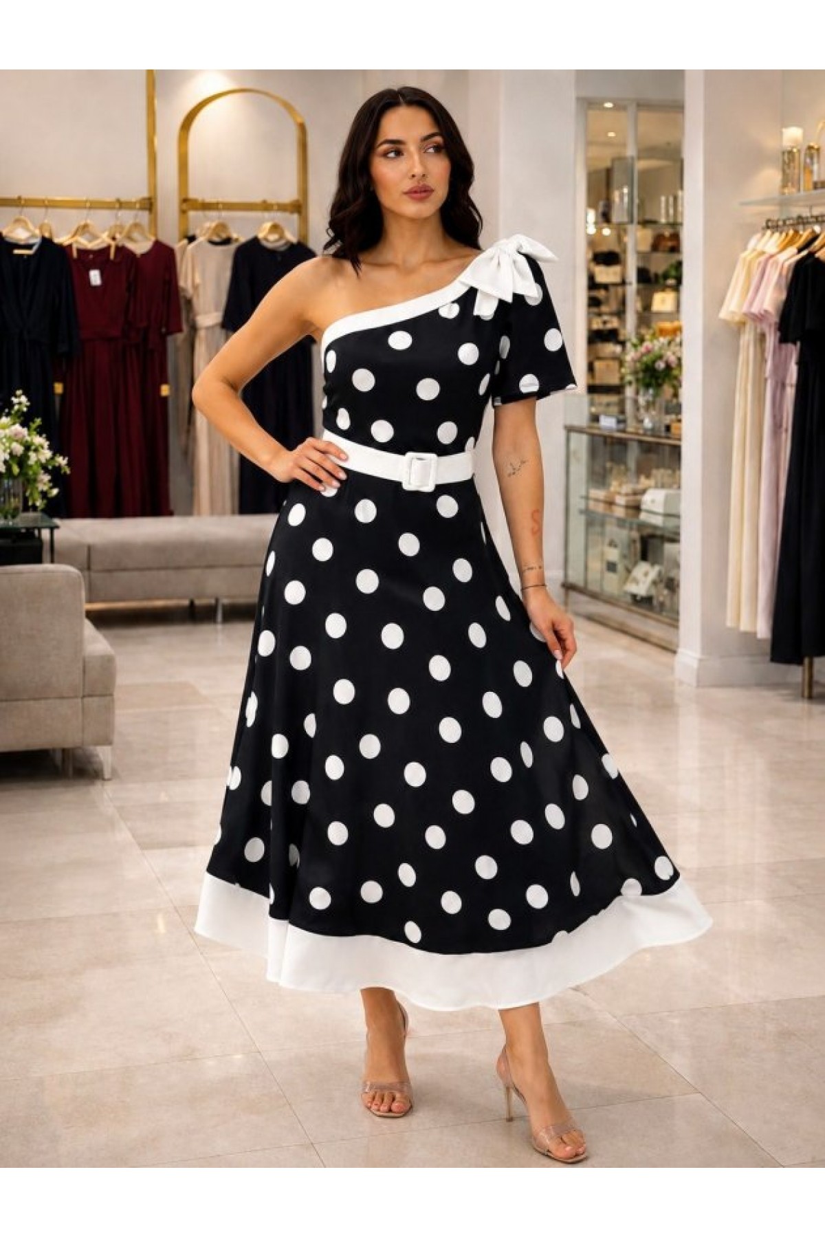 Women's One-Shoulder Off-Shoulder Polka Dot Woven Midi Dress with Ribbon Detail and Belt on the Other Shoulder