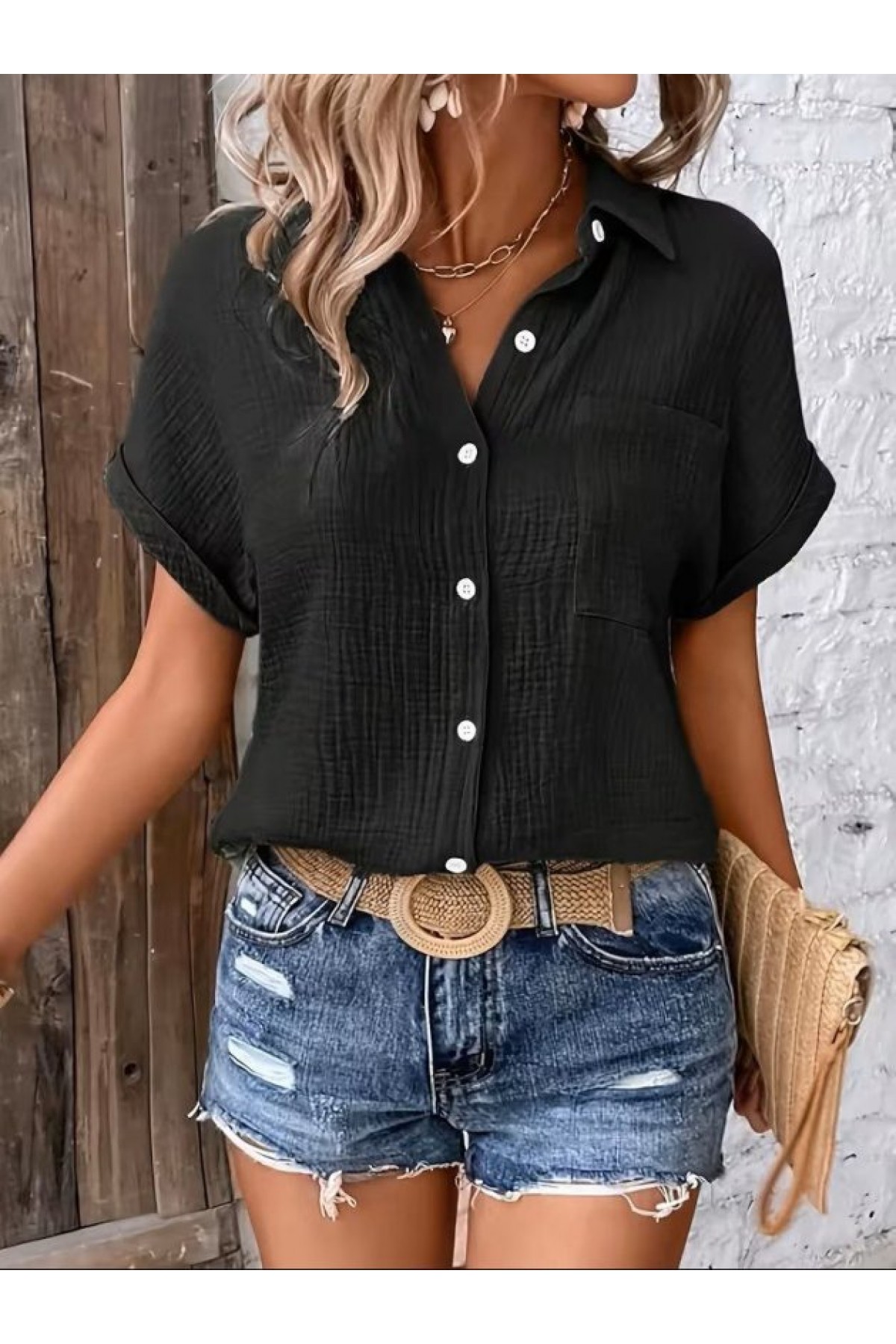 Women's Short-Sleeved Collared Button-Front Muslim Shirt