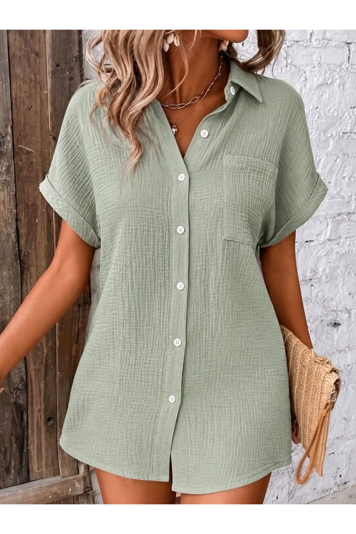 Women's Short-Sleeved Collared Button-Front Muslim Shirt