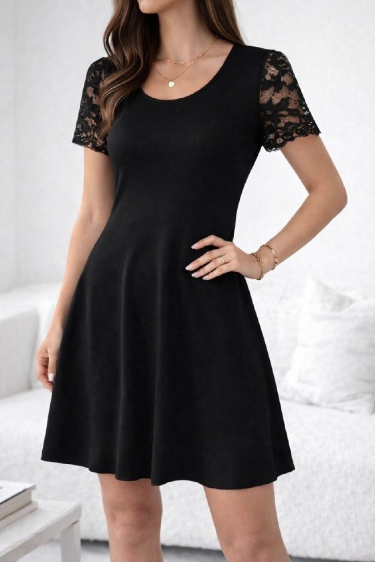 Women's Short-Sleeved Round Neck Short Viscose Dress with Lace Sleeves