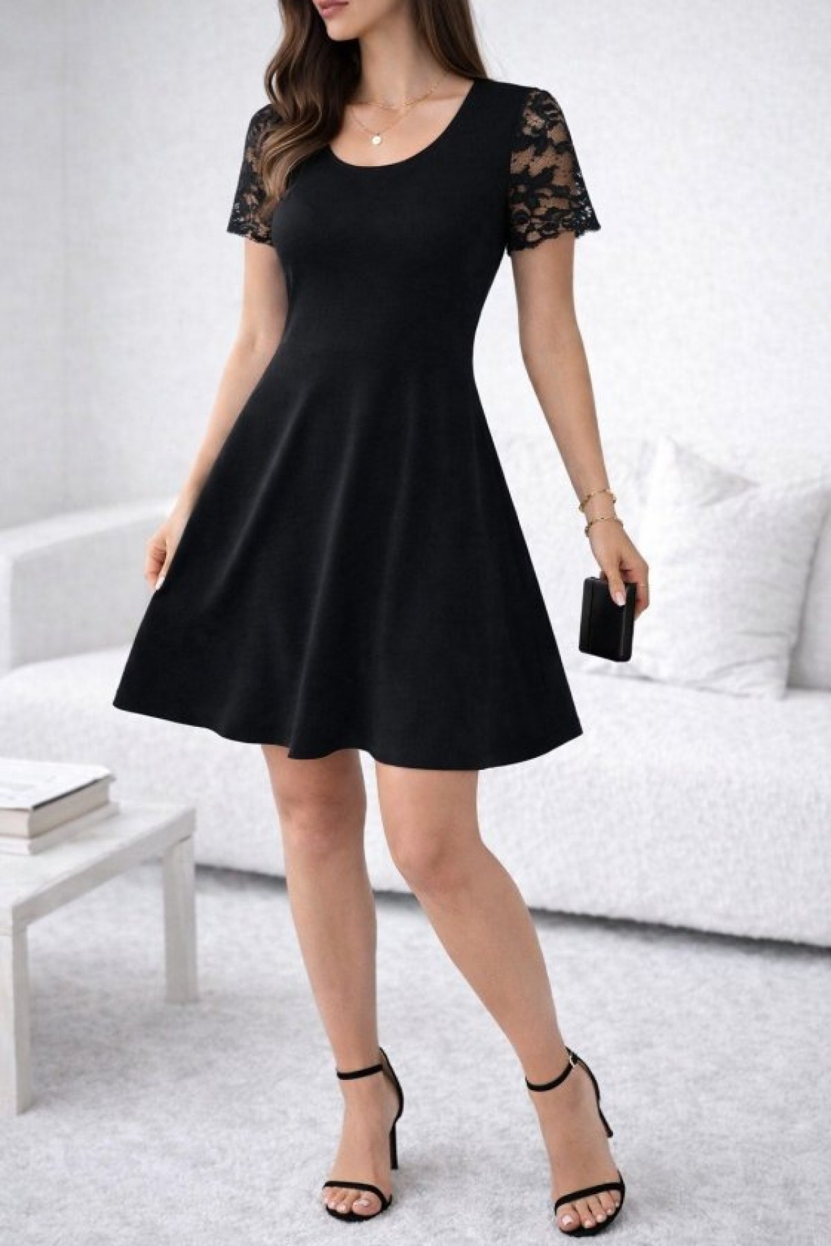 Women's Short-Sleeved Round Neck Short Viscose Dress with Lace Sleeves