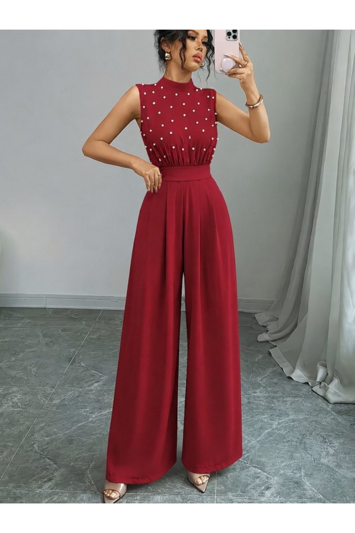 Women's Turtleneck Sleeveless Long Jumpsuit with Pearl Embellishments and Belt
