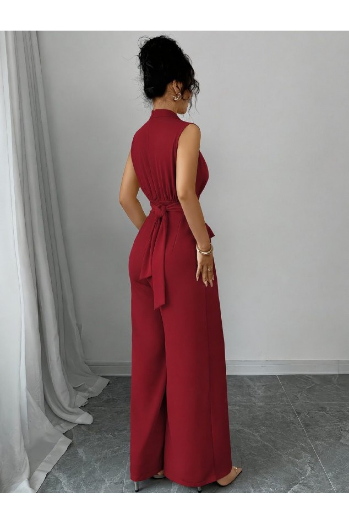 Women's Turtleneck Sleeveless Long Jumpsuit with Pearl Embellishments and Belt