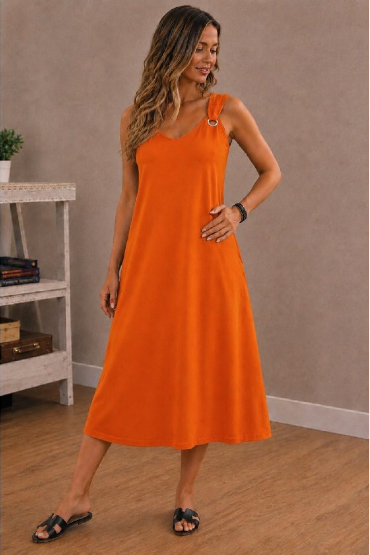 Women's Strappy V-Neck Midi Viscose Dress with Eyelet Detail