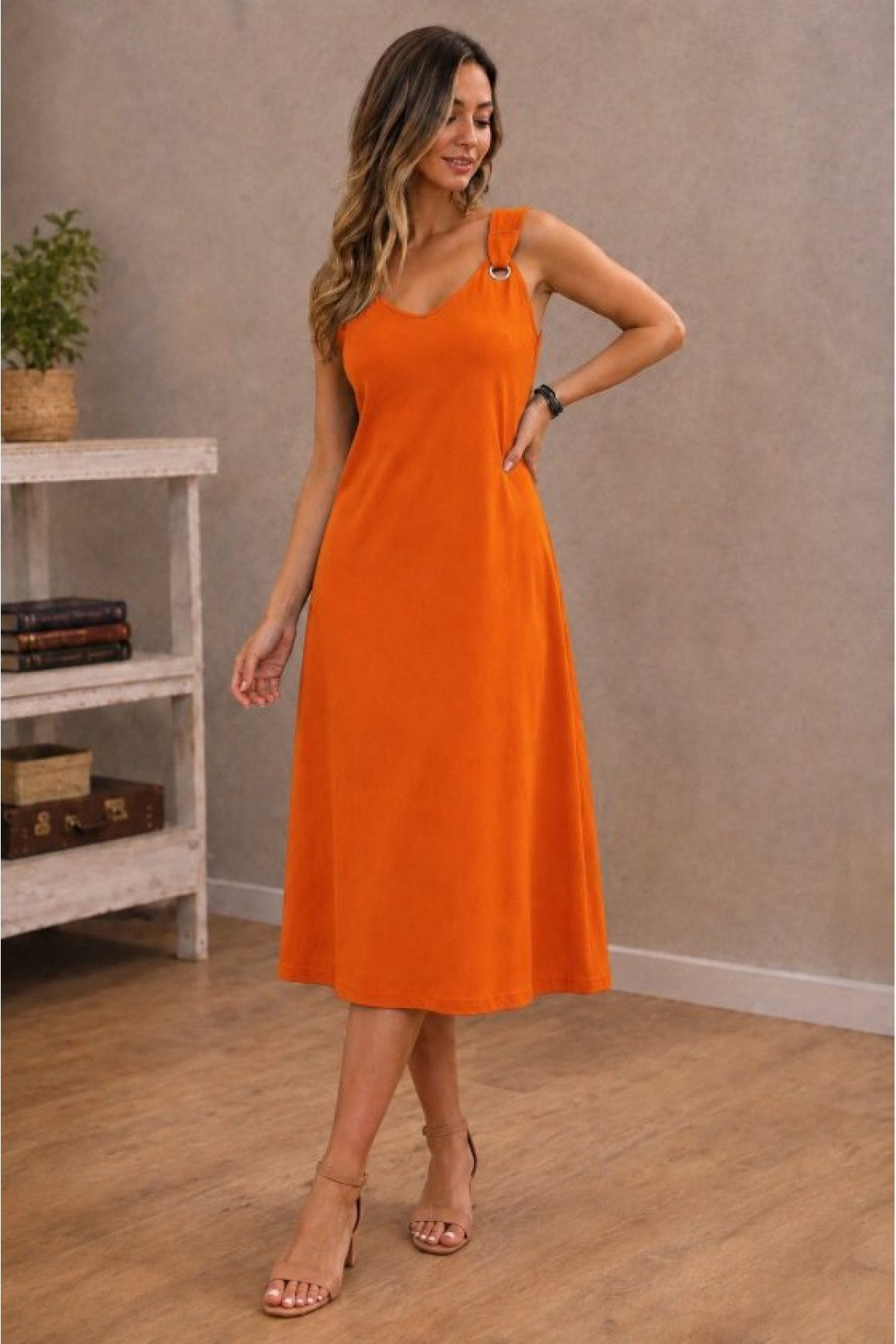 Women's Strappy V-Neck Midi Viscose Dress with Eyelet Detail