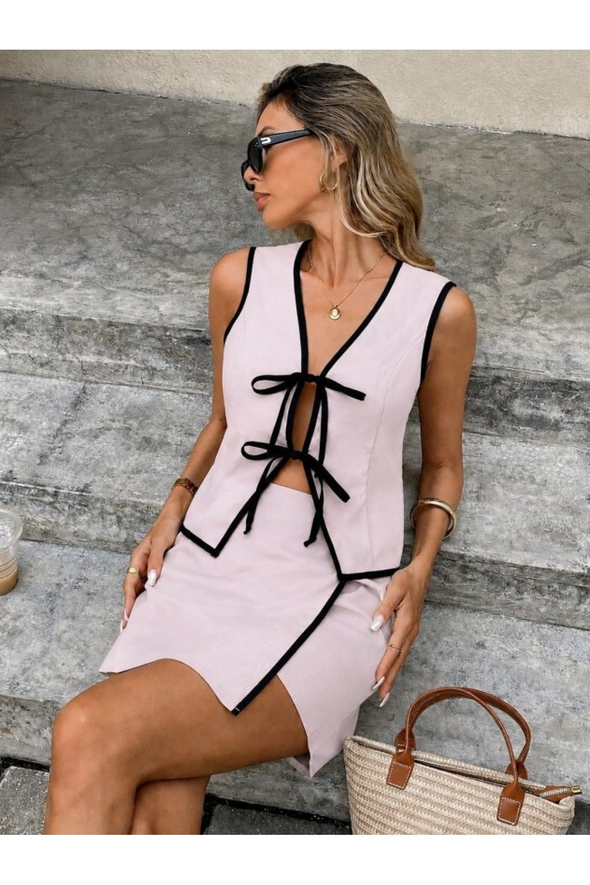 Women's Strappy Blouse and Skirt Set with Front Lace-up