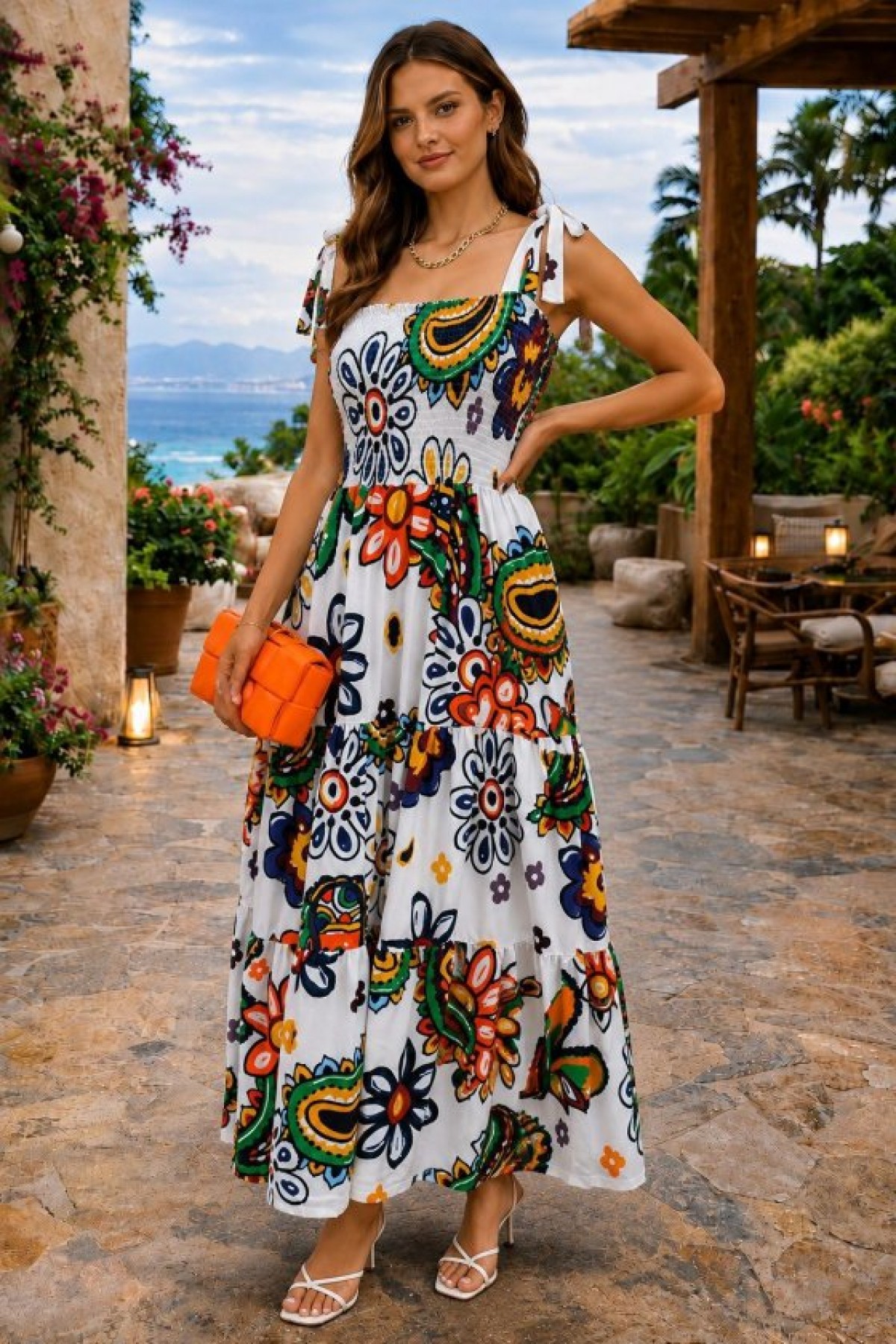 Women's Strappy Long Supreme Dress with Elasticated Bust Detail and Pattern