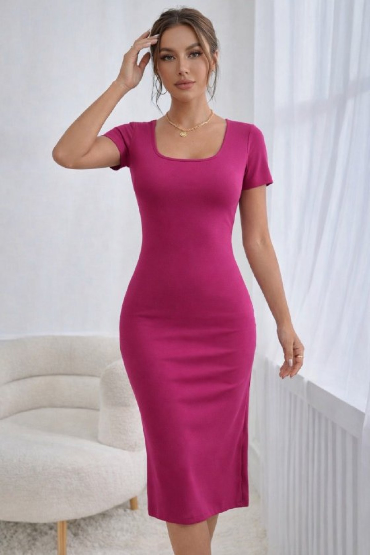 Women's Short-Sleeved Round Neck Midi Corset Dress with Slit