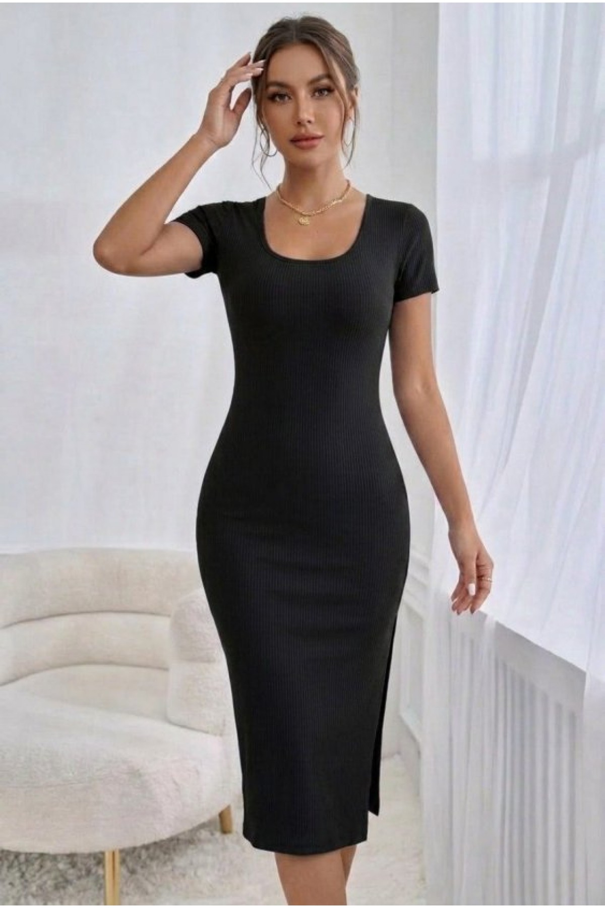 Women's Short-Sleeved Round Neck Midi Corset Dress with Slit