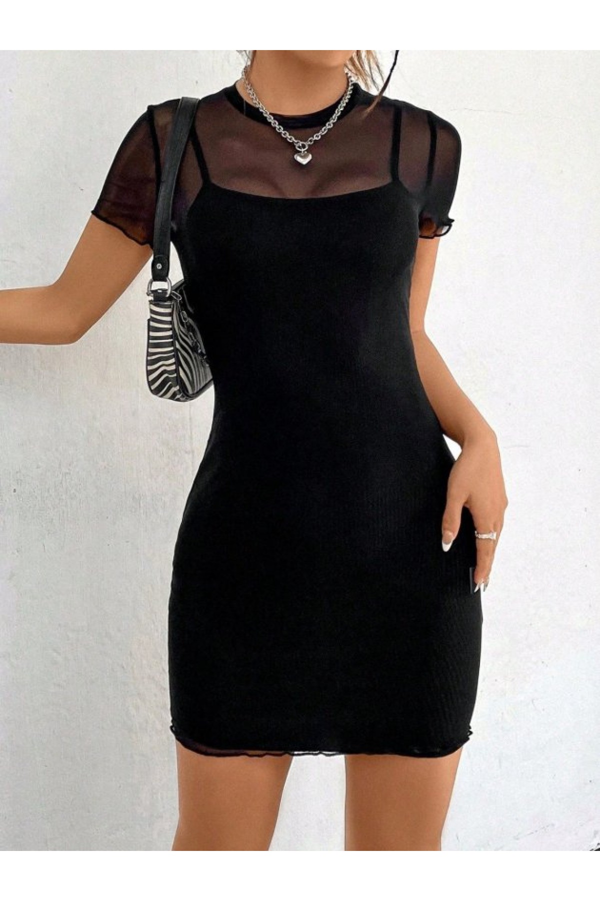 Women's Strappy Short Scuba Dress and Short-Sleeved Tulle Dress Two-Piece Set