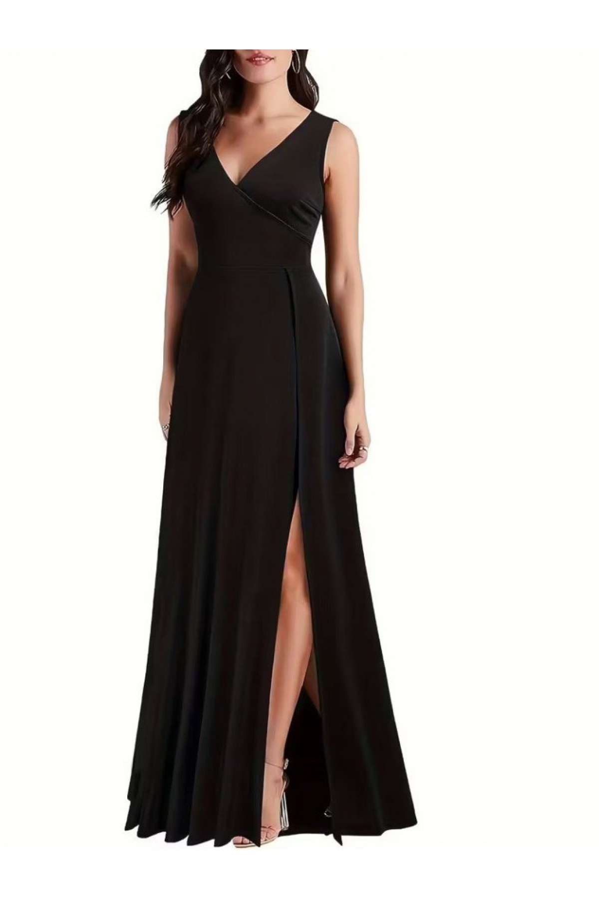Women's Strappy Wrap Neckline Slit Wide A-Line Detail Long Imported Crepe Dress