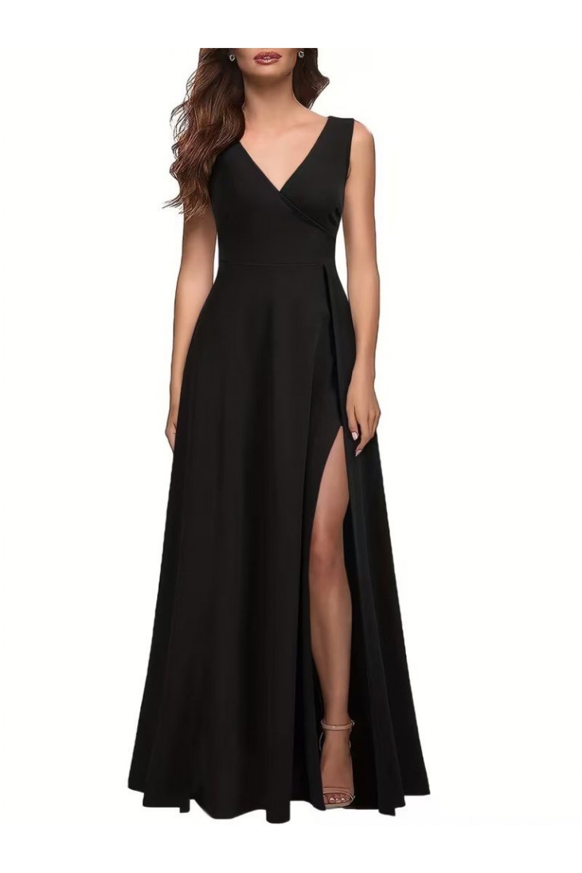 Women's Strappy Wrap Neckline Slit Wide A-Line Detail Long Imported Crepe Dress