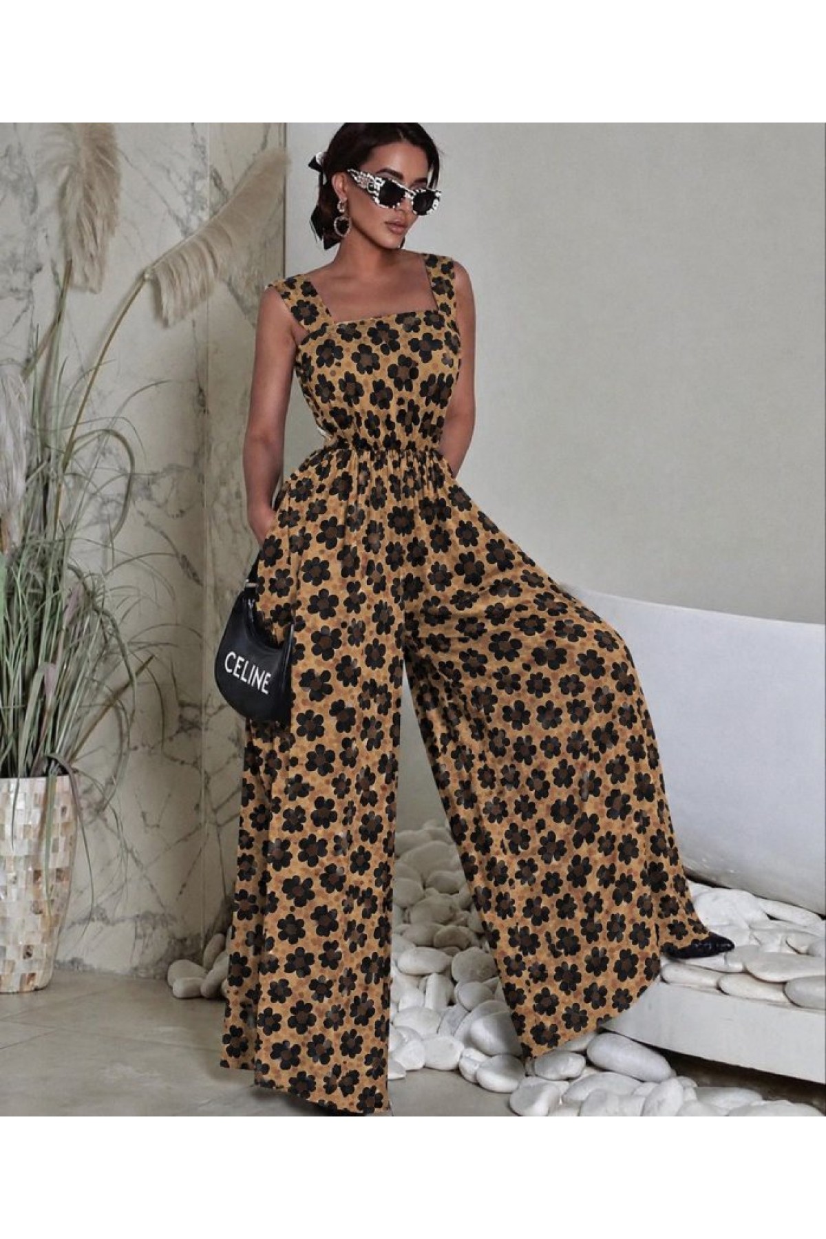 Women's Strappy Square Neck Patterned Beltless Long Supreme Jumpsuit