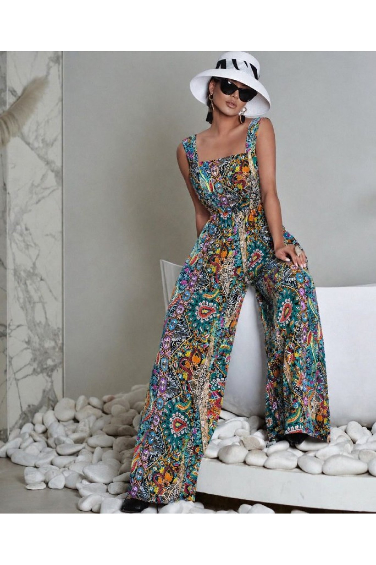 Women's Strappy Square Neck Patterned Beltless Long Supreme Jumpsuit