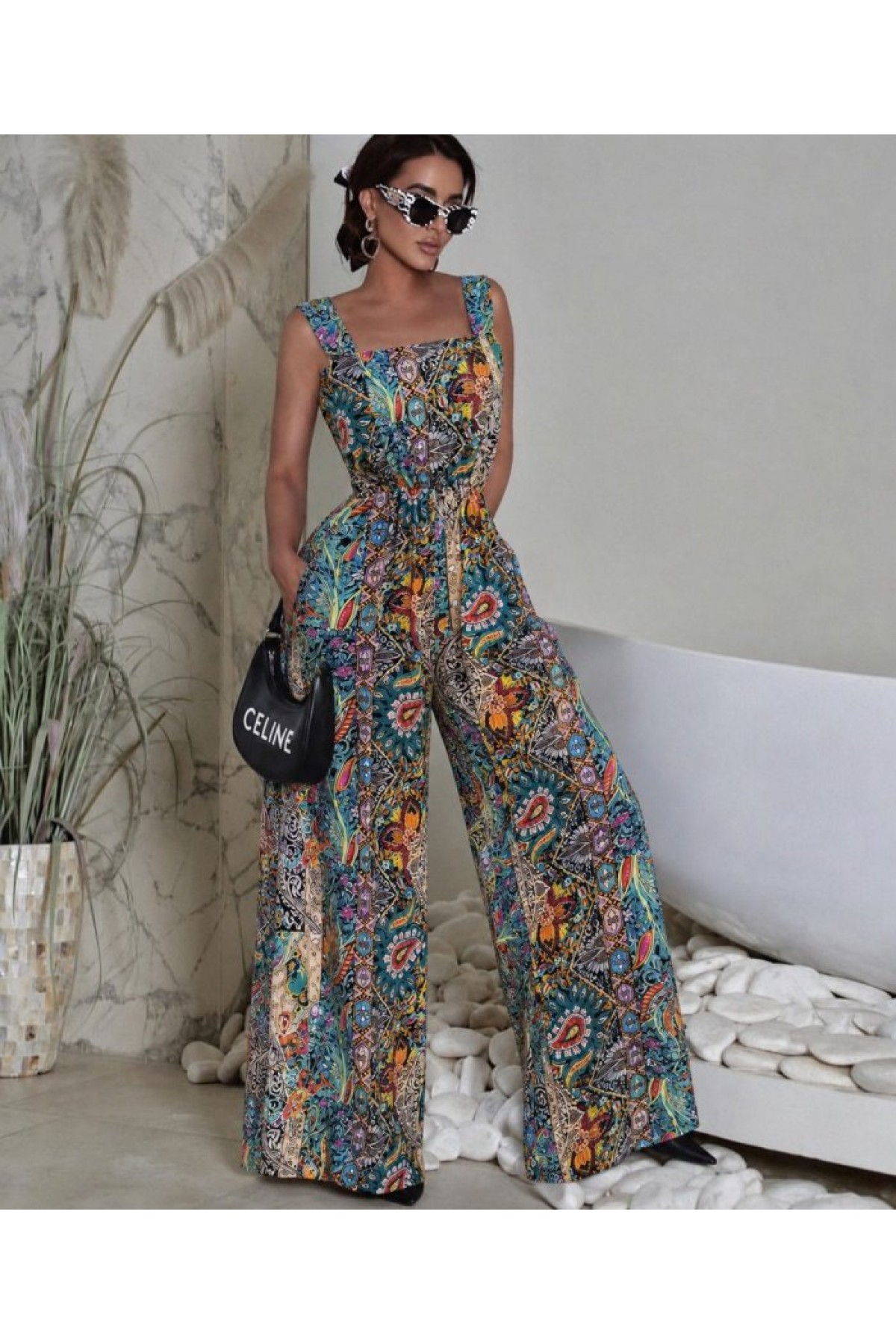 Women's Strappy Square Neck Patterned Beltless Long Supreme Jumpsuit