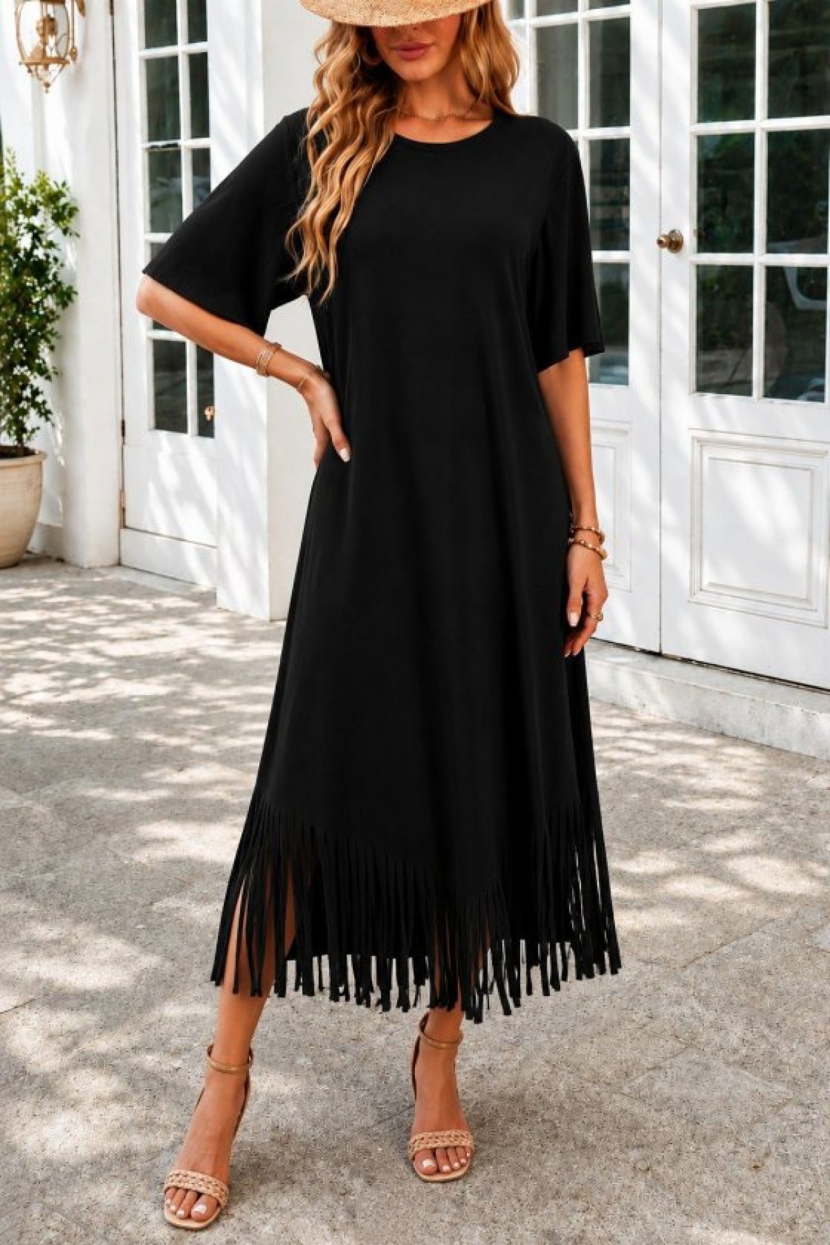 Women's Short-Sleeved Crew Neck Midi Viscose Dress with Tassel and Zigzag Pattern