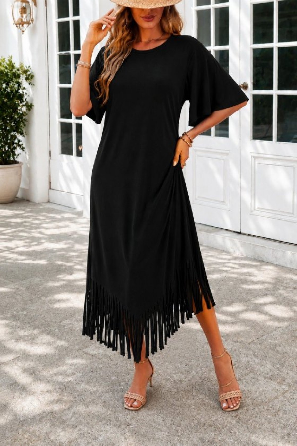 Women's Short-Sleeved Crew Neck Midi Viscose Dress with Tassel and Zigzag Pattern