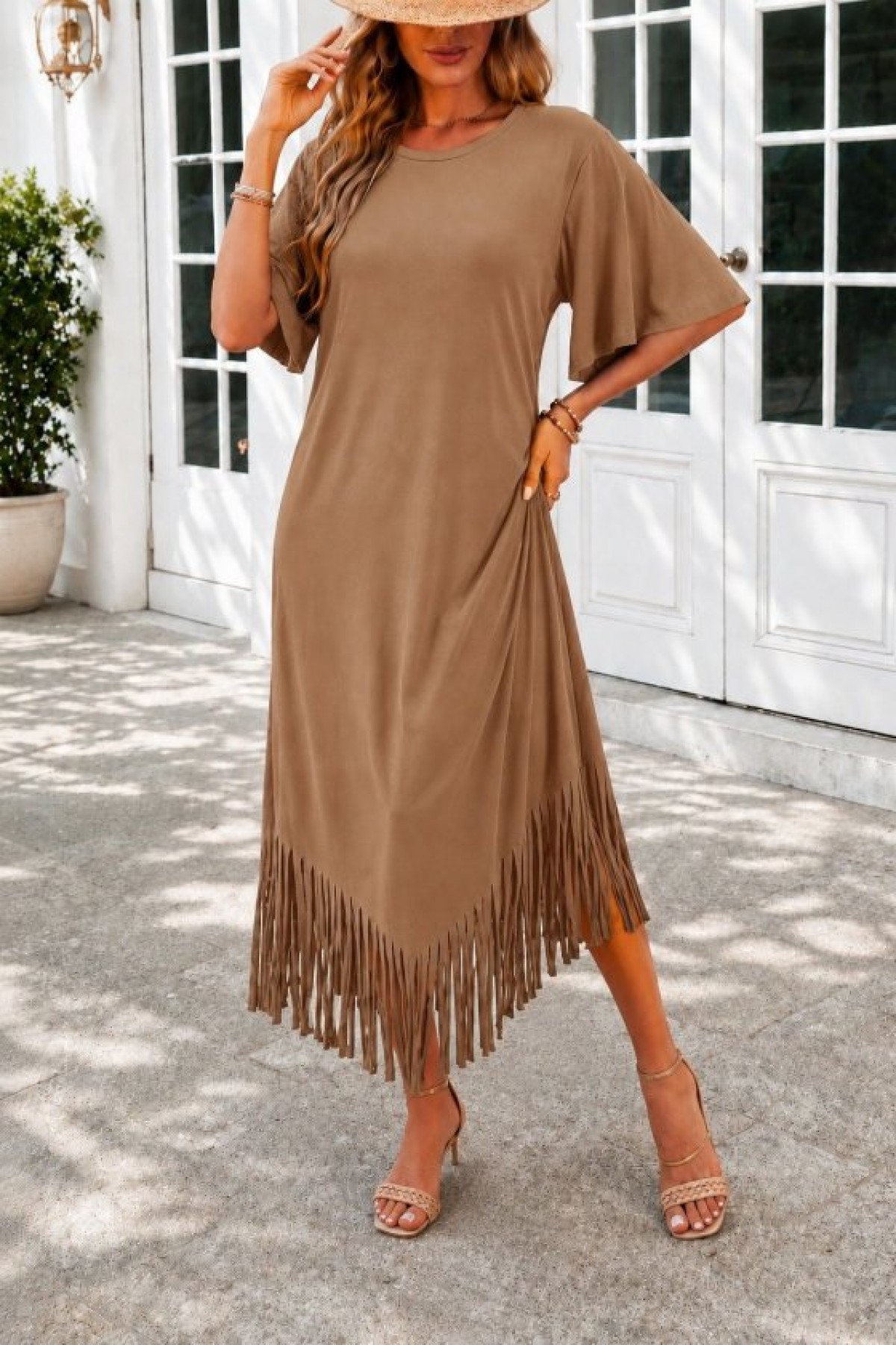 Women's Short-Sleeved Crew Neck Midi Viscose Dress with Tassel and Zigzag Pattern