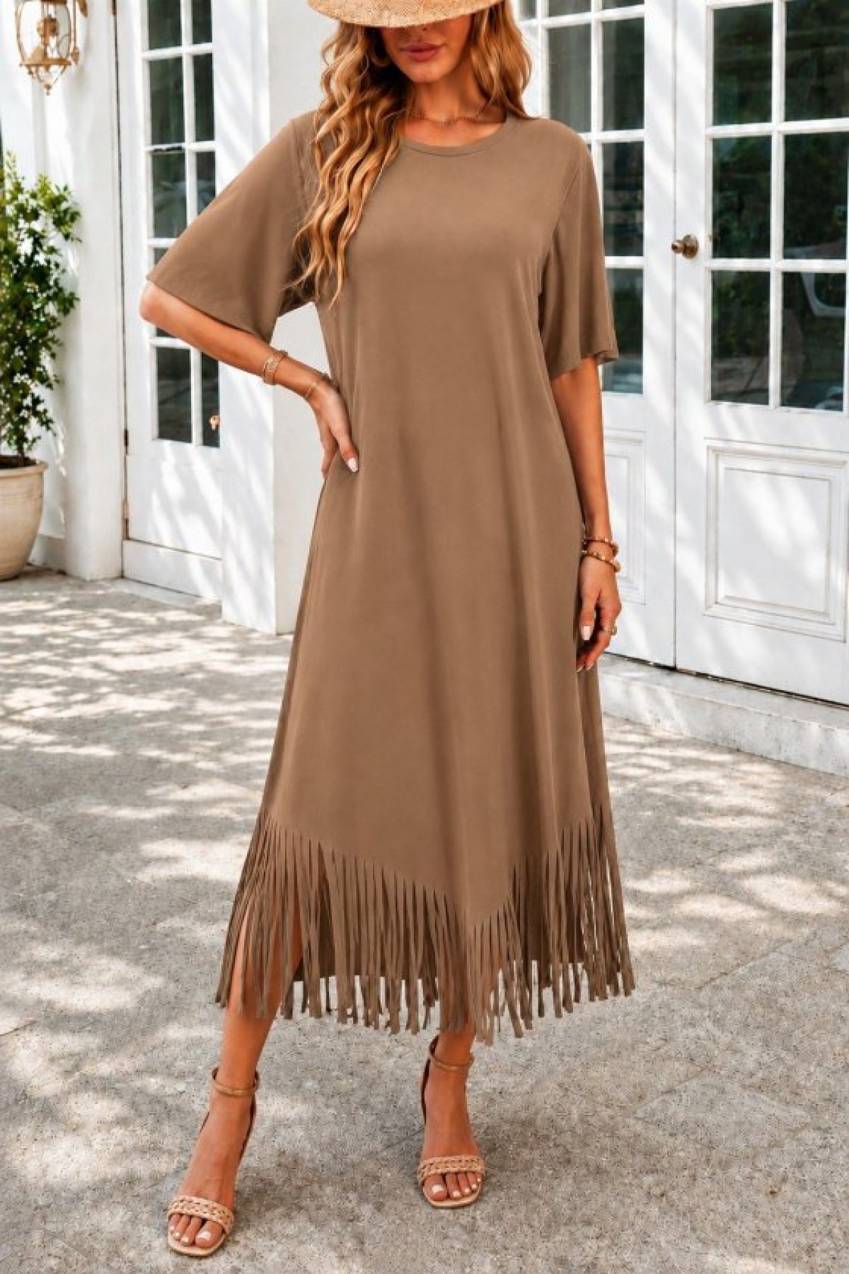 Women's Short-Sleeved Crew Neck Midi Viscose Dress with Tassel and Zigzag Pattern