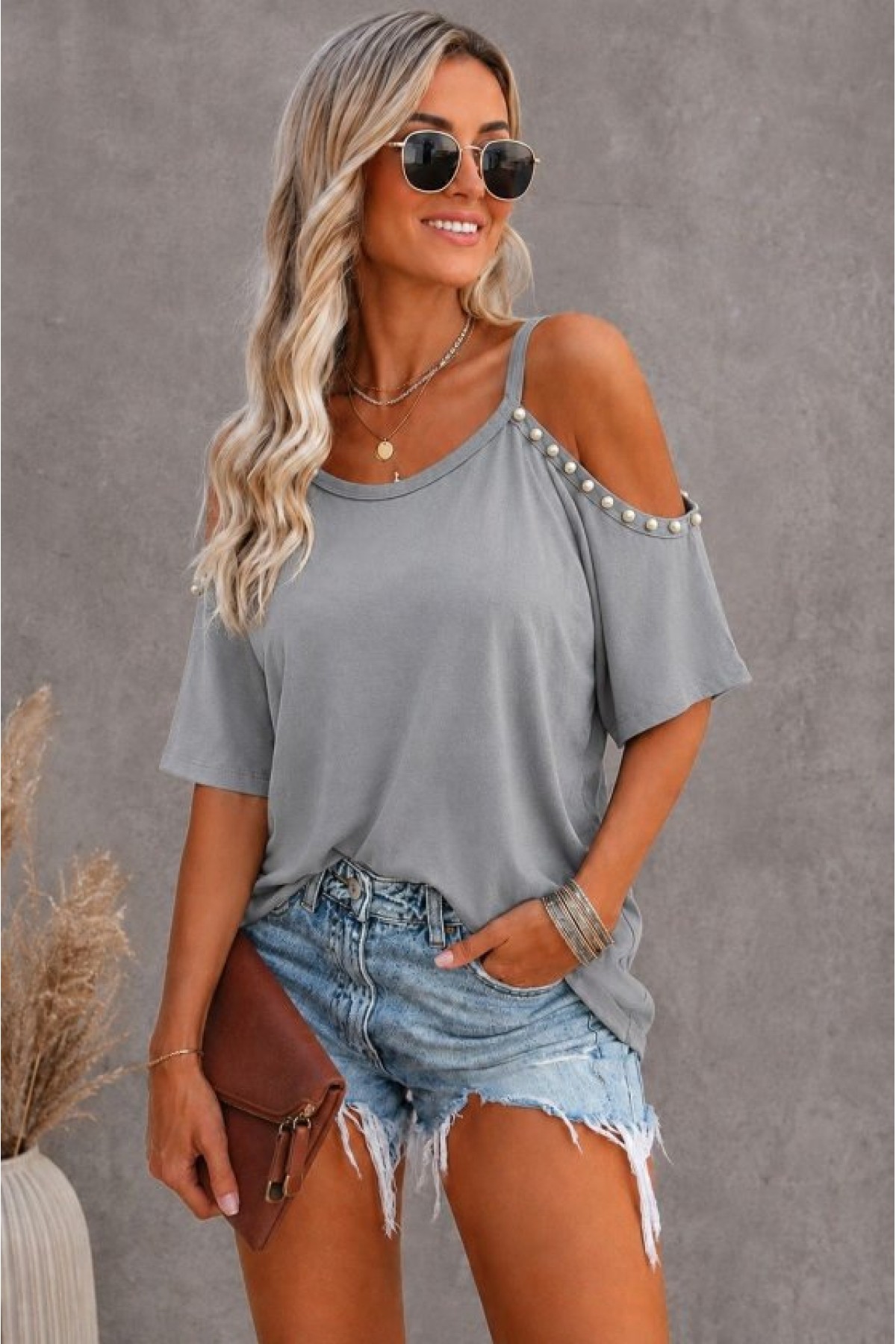 Women's Short-Sleeved Strappy Off-Shoulder Viscose Blouse with Pearl Embellishments