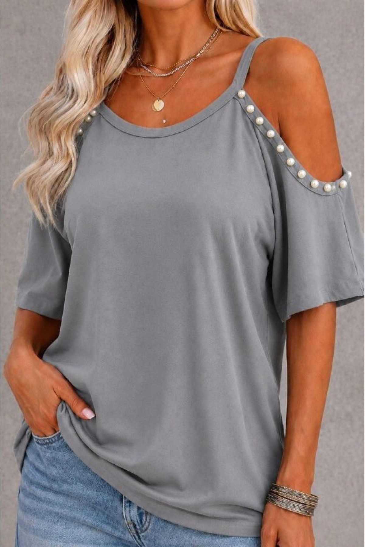 Women's Short-Sleeved Strappy Off-Shoulder Viscose Blouse with Pearl Embellishments