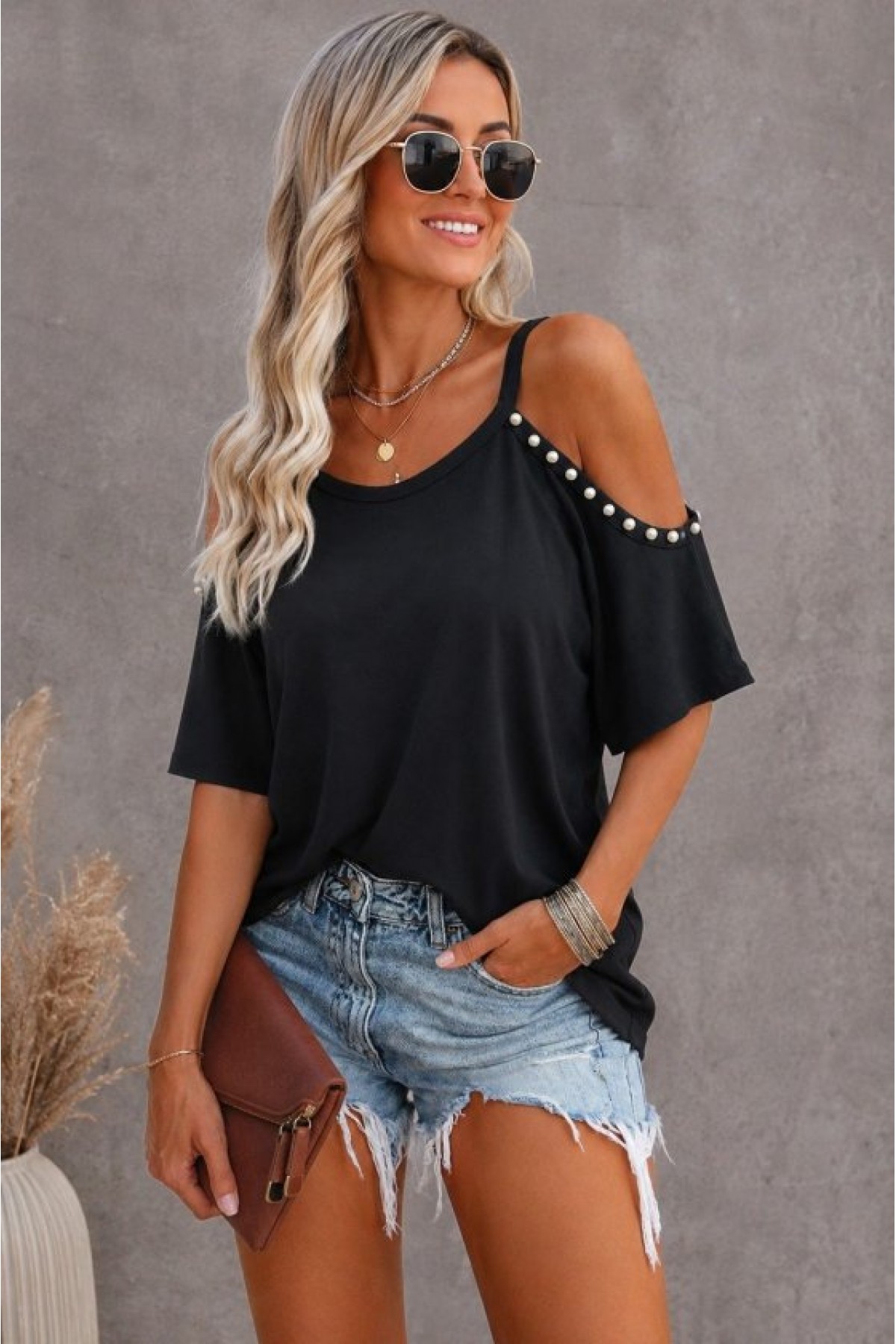 Women's Short-Sleeved Strappy Off-Shoulder Viscose Blouse with Pearl Embellishments