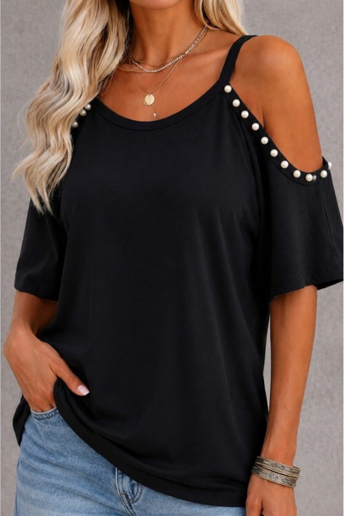 Women's Short-Sleeved Strappy Off-Shoulder Viscose Blouse with Pearl Embellishments