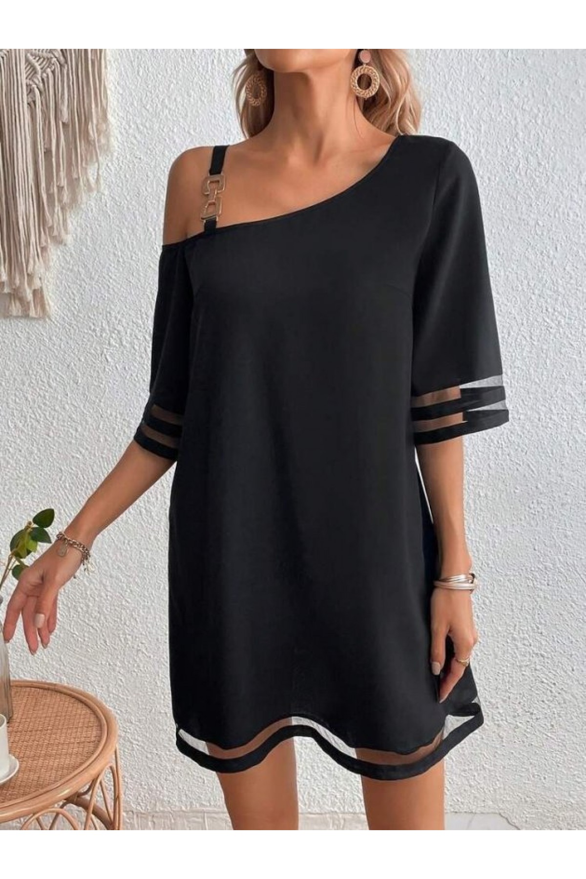 Women's One-Shoulder Short Crepe Dress with Tulle Stripe Detail