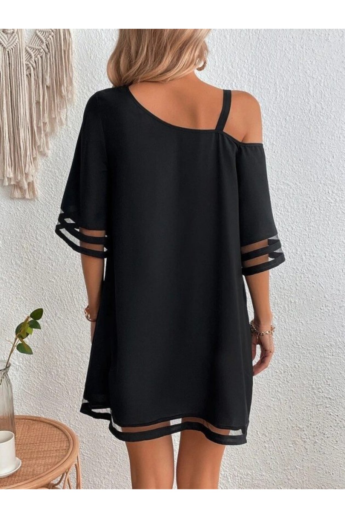 Women's One-Shoulder Short Crepe Dress with Tulle Stripe Detail