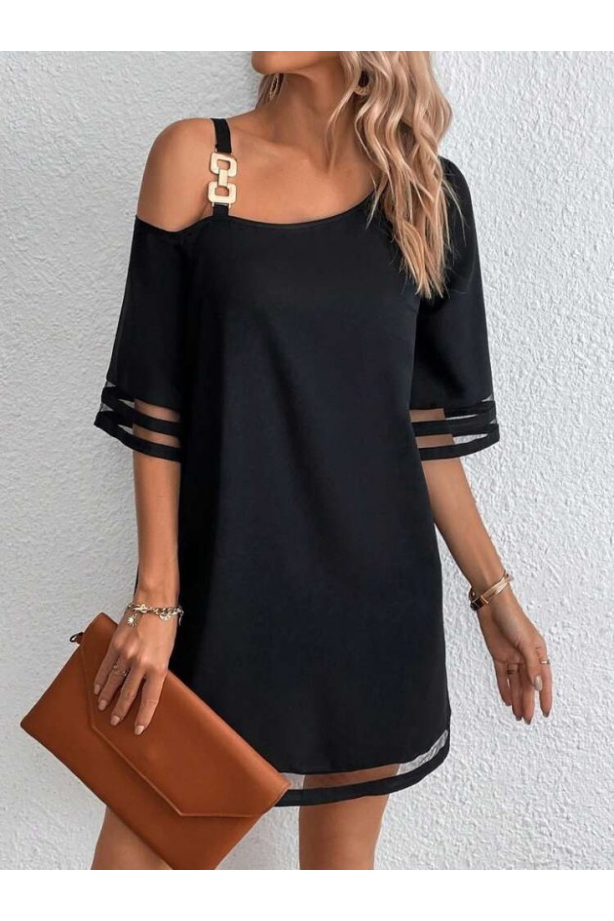 Women's One-Shoulder Short Crepe Dress with Tulle Stripe Detail