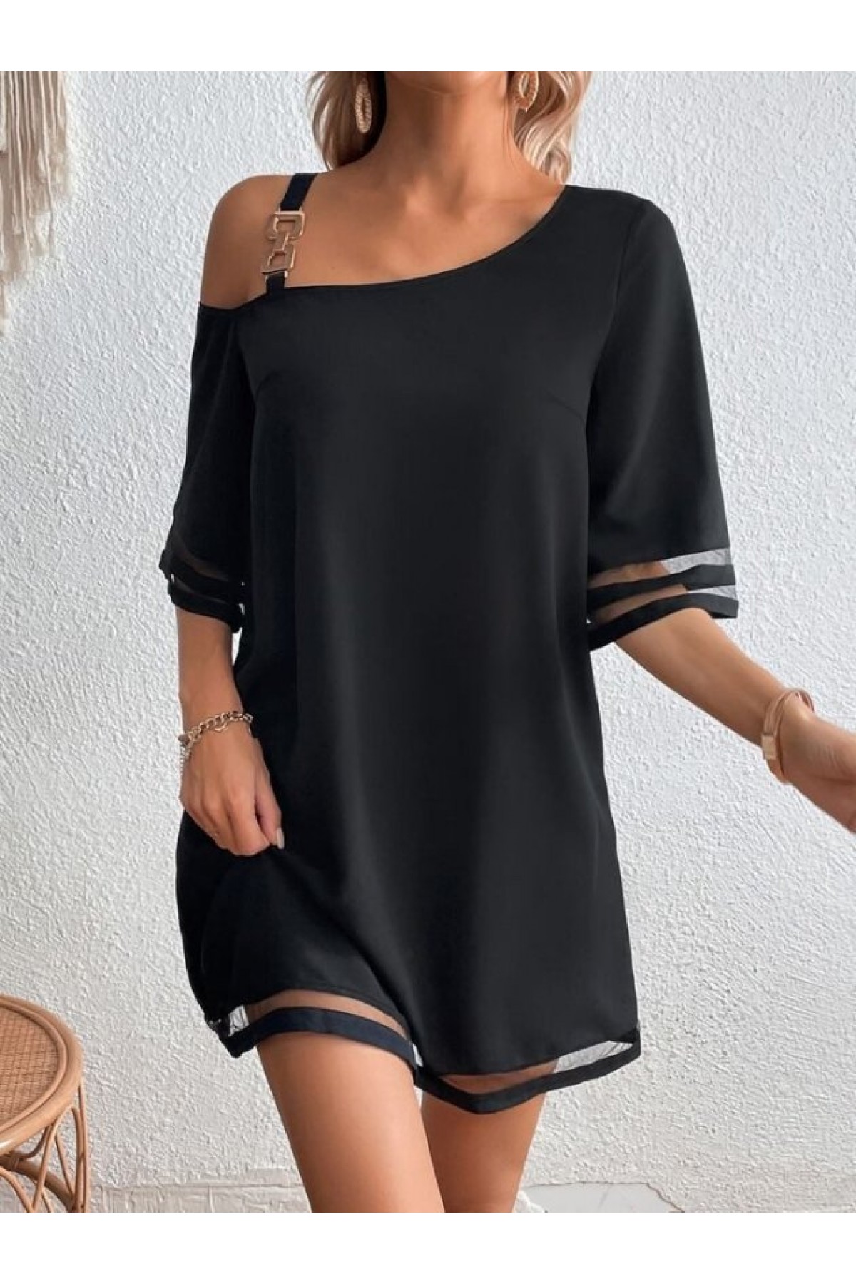 Women's One-Shoulder Short Crepe Dress with Tulle Stripe Detail