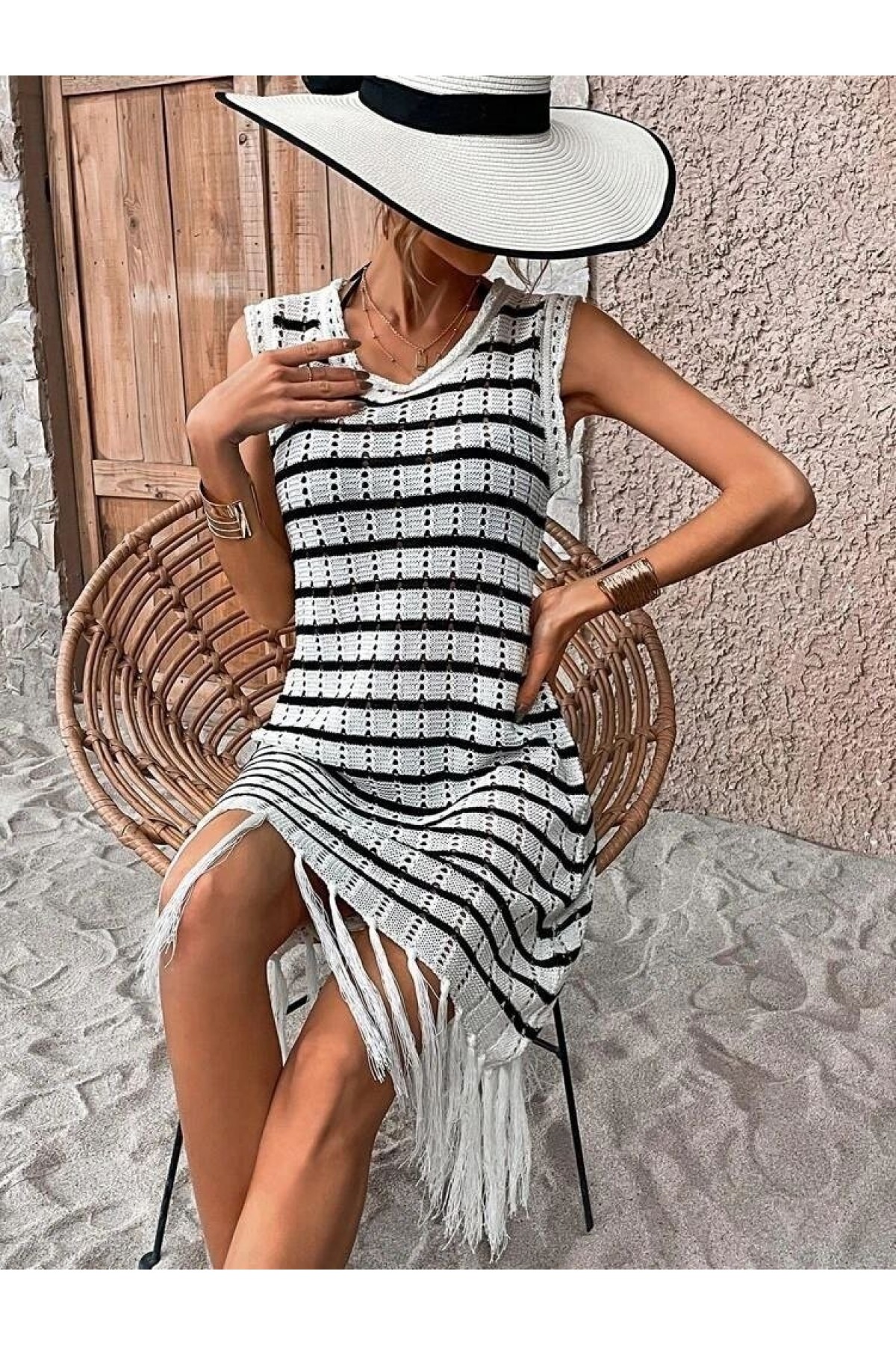 Women's Sleeveless Skirt with Tassel Stripe Pattern Knit Dress