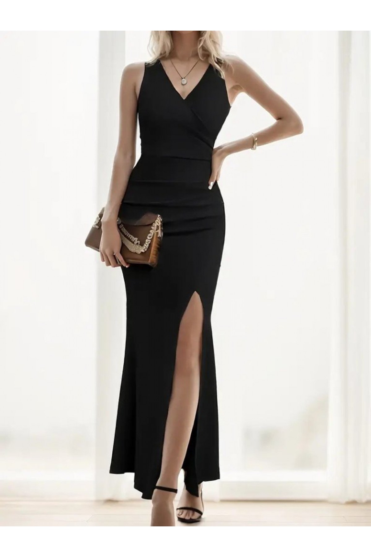 Women's Strappy Wrap Neckline Slit Detail Shimmering Crepe Dress