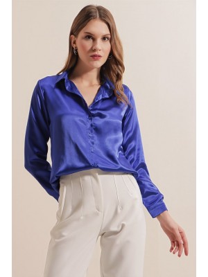 3964 Hafif Dökümlü Saten Gömlek - Saks