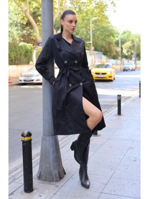 5853 Kruvaze Yaka Trençkot - Siyah