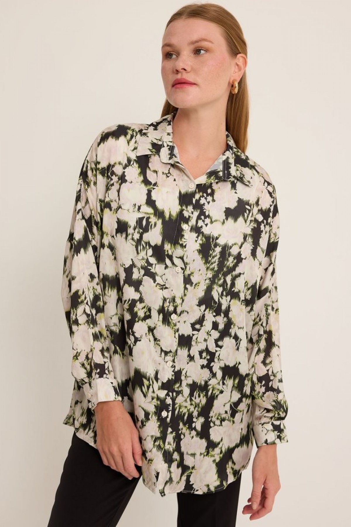 Green Black Floral Patterned Oversize Satin Shirt 3985