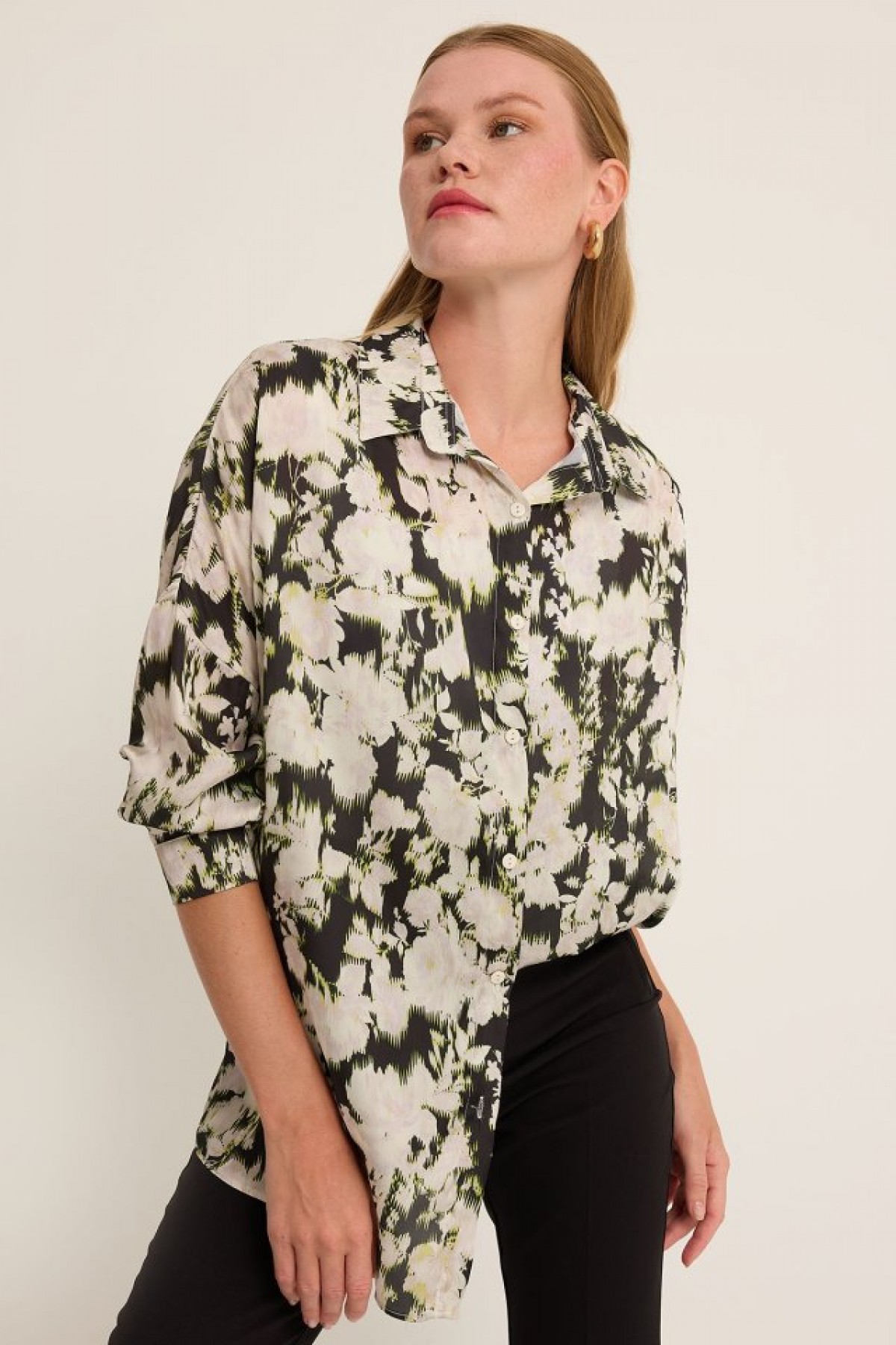 Green Black Floral Patterned Oversize Satin Shirt 3985