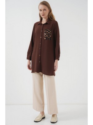 5851 Cep Detaylı Gömlek Tunik - Kahverengi