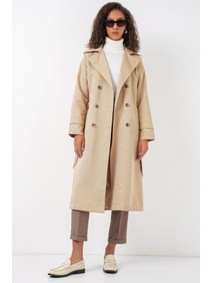 5940 Kruvaze Yaka Uzun Trençkot - Bej