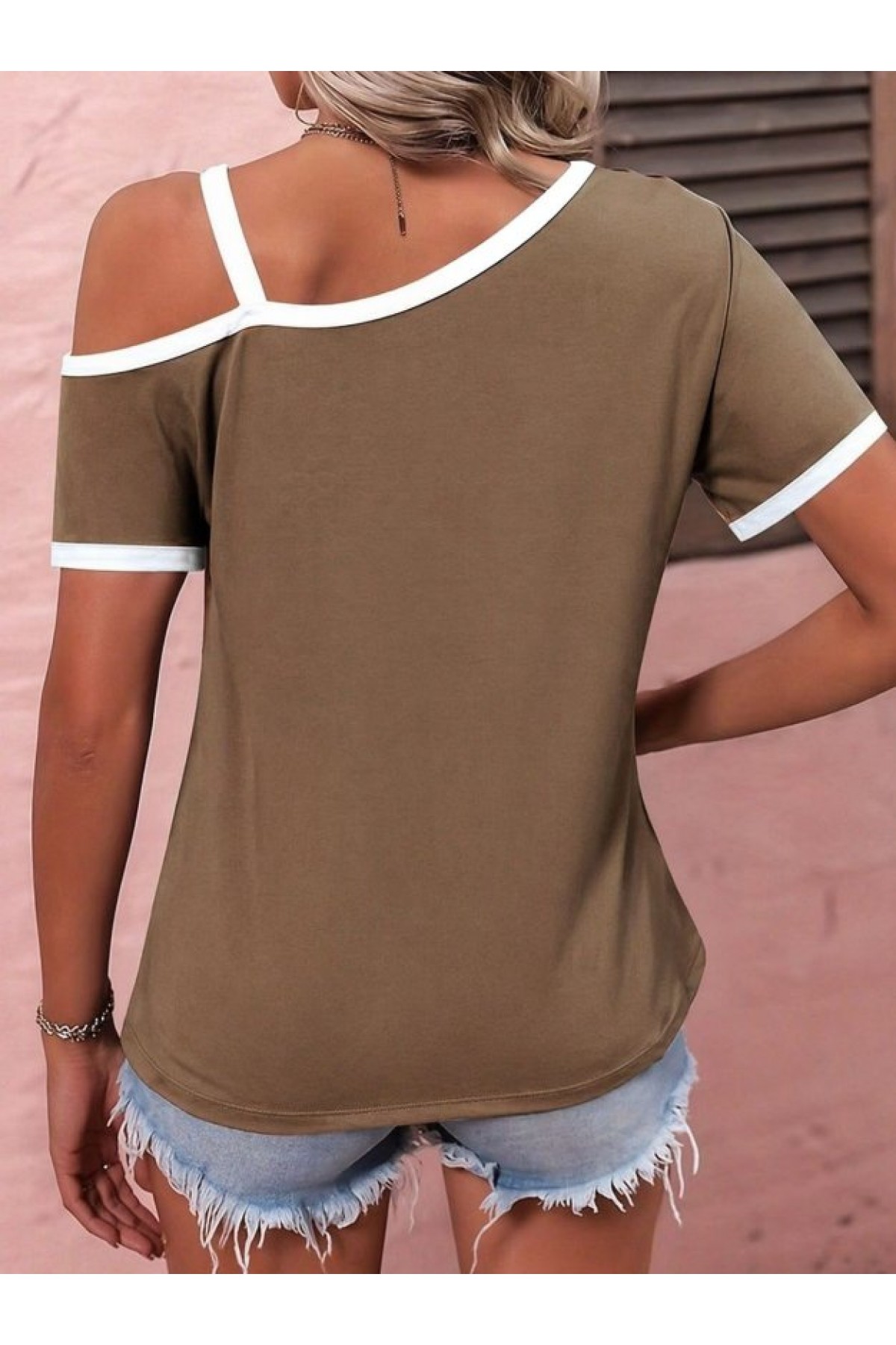 Women's Short-Sleeved, One-Shoulder Viscose Blouse with Strap and Buckle Detail
