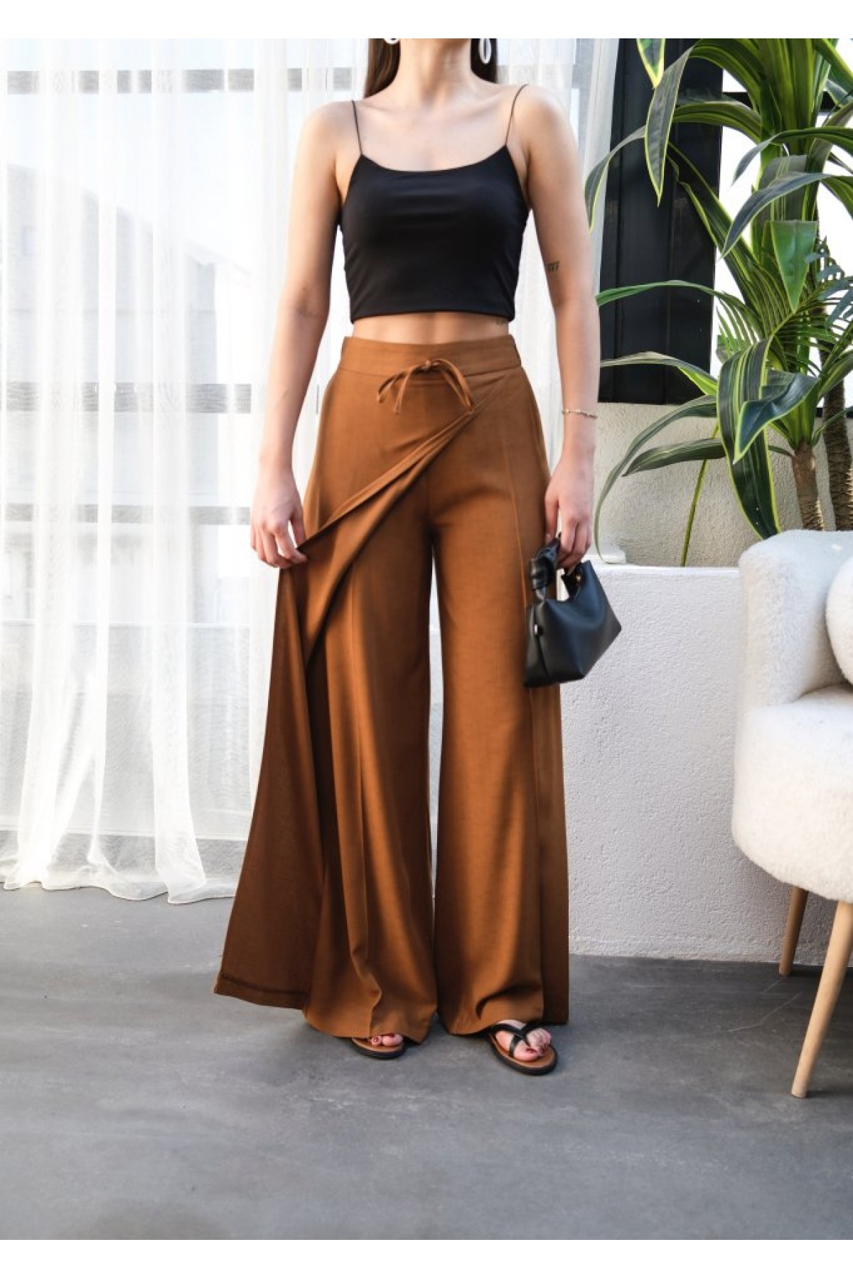 Linen Wide Leg Trousers with Cross-Front Elastic and Lace-Up Detail