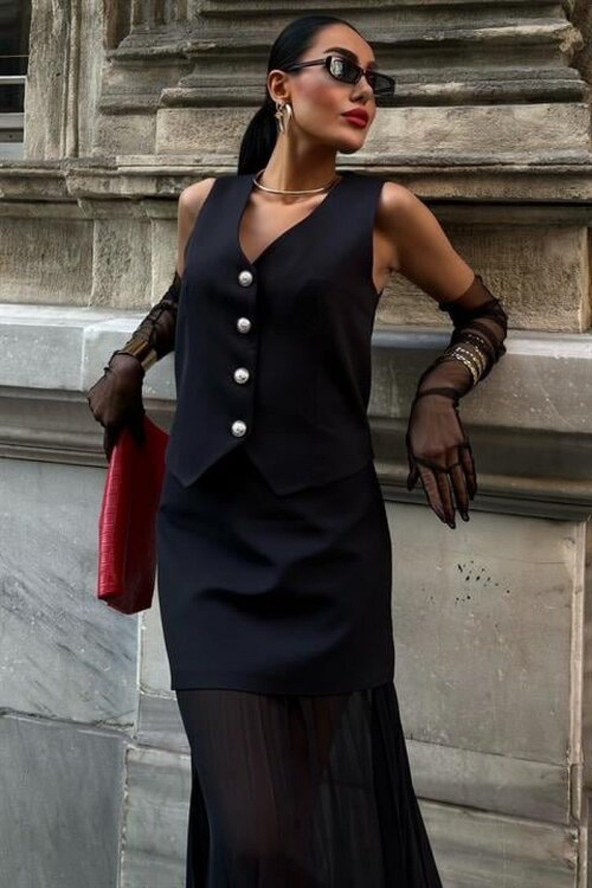 Premium Suit with Vest and Pleated Skirt 10096