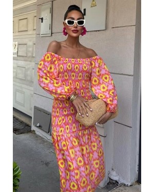 فستان منقوش بتفاصيل جيب وفتحة رقبة على شكل مادونا 2746