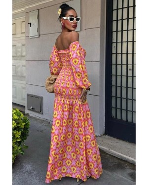 فستان منقوش بتفاصيل جيب وفتحة رقبة على شكل مادونا 2746