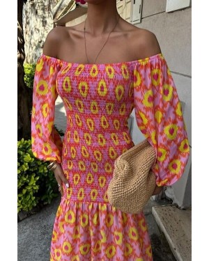 فستان منقوش بتفاصيل جيب وفتحة رقبة على شكل مادونا 2746